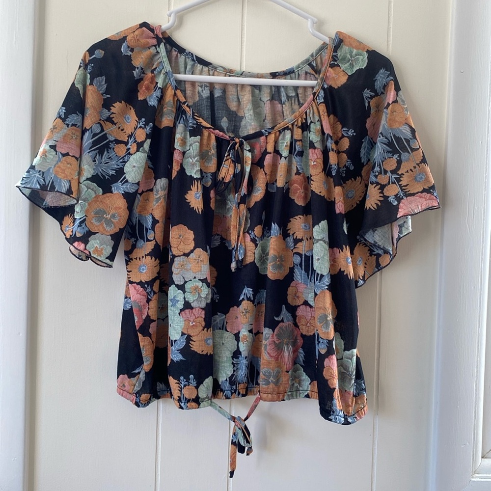 Vintage 70's Pansy Print Flutter Sleeve Blouse L/XL